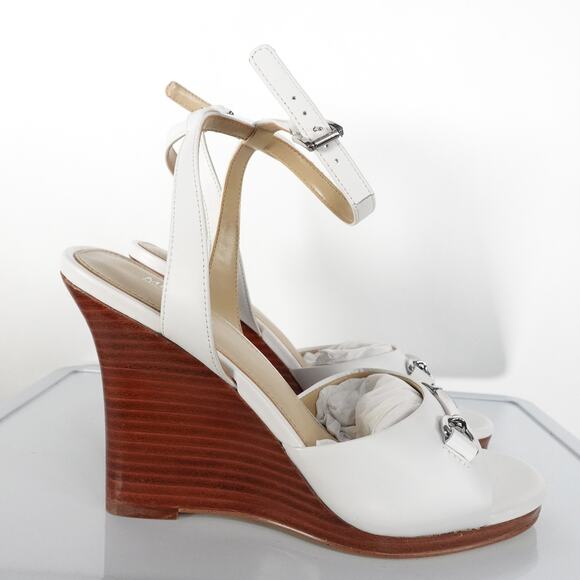 New Michael by Michael Kors Carson Leather Wedge Sandal Heels White Leather Sz 6 - Picture 2 of 9